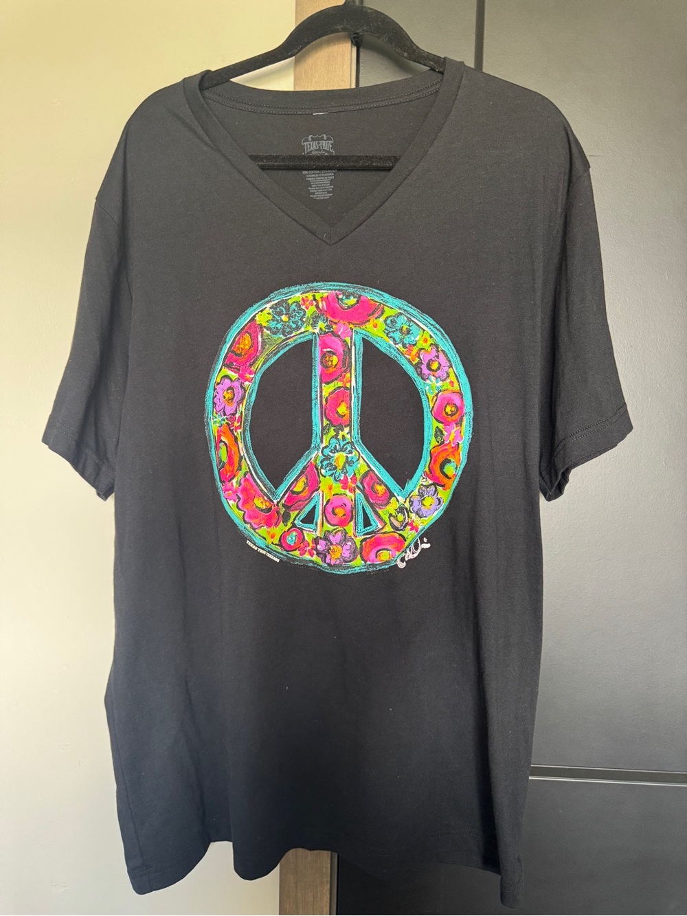 Black Short Sleeve Tee with Colorful Peace Sign